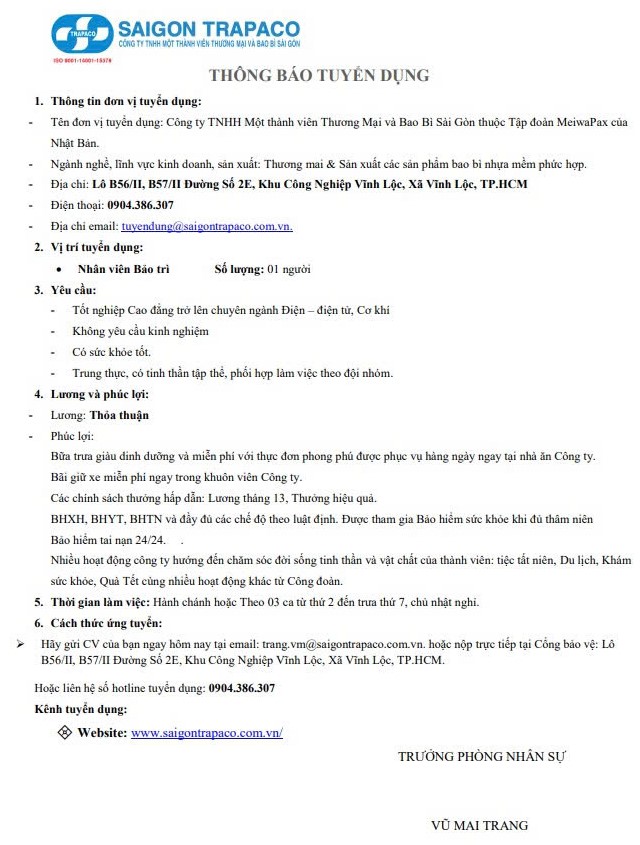 Công ty TNHH Thương mại & Bao bì Sài Gòn tuyển dụng